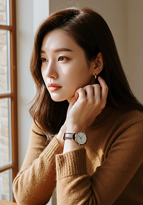 JPG 편집이미지 여자 시계 생각 창문 빛 갈색 카페 분위기 우아함 편안함 니트 일과 창밖 의료성형뷰티 편집실사 AI포토 AI인물포토 AI콘텐츠 컬러 컨셉 상의 사람 상점 감각 CG 파일형식