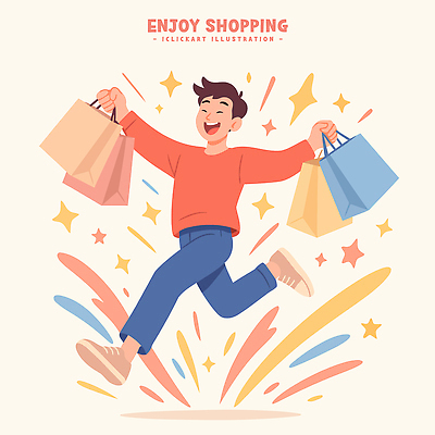 패션 남자 행복 감정 컬러 일러스트 모션 폭죽 쇼핑 달리기 쇼핑백 상점 축제 기쁨 표현 소비 즐거움 오브젝트 이미지 소매 국내일러스트 AI파일 가방 사람 파일형식 벡터