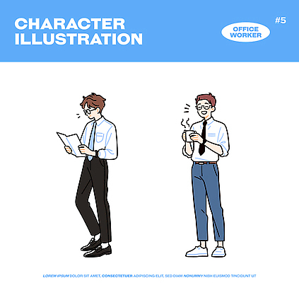캐릭터 옷 남자 커피 일러스트 모션 아침 직장 비즈니스라이프 사무실 업무 작업 사무원 문서 디지털아트 국내일러스트 AI파일 주간 직업 라이프스타일 음료 회사 비즈니스 사람 파일형식 벡터