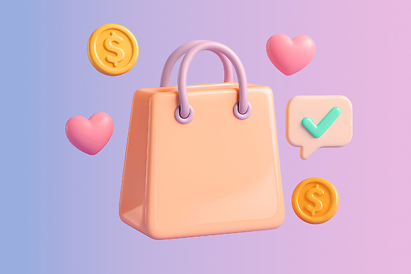 PSD 편집이미지 여자 가방 사랑 쇼핑 디지털 동전 하트 소비 구매 가격 장바구니 체크표시 결제 편집3D 모양 잡화 감정 돈 사람 3D 바구니 확인 파일형식