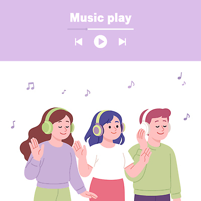 감정 여유 음악 포즈 일러스트 모션 놀이 표정 미소 친구 헤드폰 소리 듣기 시간 그룹 분위기 즐거움 조화 소통 리듬 국내일러스트 AI파일 음향기기 컨셉 관계 문화예술 파일형식 벡터