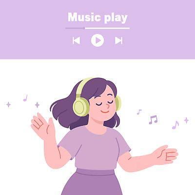 여자 감정 음악 백그라운드 일러스트 모션 표정 취미 보라색 헤드폰 소리 음악감상 감상 춤 편안함 즐거움 인터페이스 플레이어 국내일러스트 AI파일 컬러 음향기기 문화예술 사람 감각 파일형식 벡터