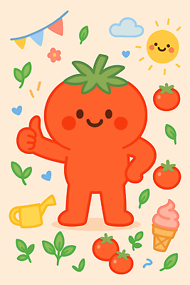 식물 캐릭터 꽃 행복 백그라운드 토마토 일러스트 손가락 아침 아이스크림 웃음 그래픽 장식 여름 귀여움 정원 활발 물뿌리개 색감 일러캐릭터 AI파일 주간 손 계절 감정 컨셉 채소 디저트 표정 파일형식 벡터