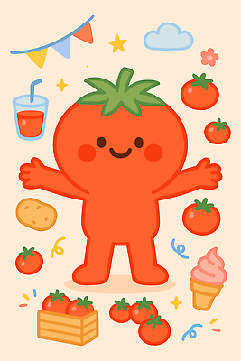 캐릭터 디자인 행복 음료 음식 컬러 백그라운드 토마토 채소 과일 일러스트 아이스크림 디저트 표정 웃음 장식 귀여움 즐거움 풍선 일러캐릭터 AI파일 감정 컨셉 파일형식 벡터