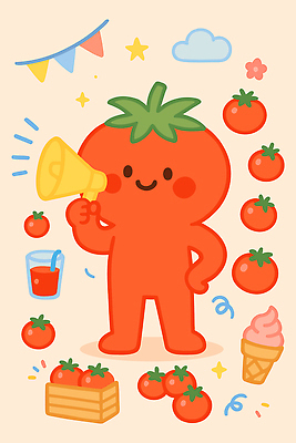 캐릭터 음료 음식 상징 백그라운드 토마토 채소 과일 일러스트 놀이 아이스크림 파티 주황색 시원함 나팔 즐거움 동심 일러캐릭터 AI파일 감정 악기 컬러 디저트 이벤트 파일형식 벡터