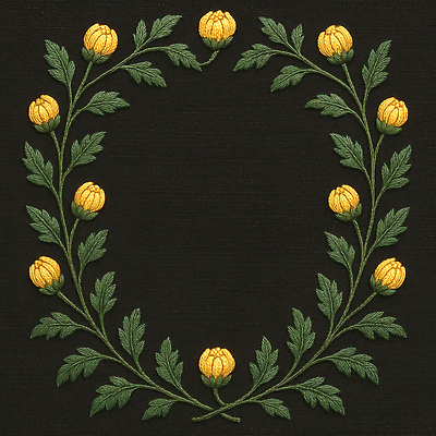 JPG 편집이미지 디자인 꽃 예술 잎 패턴 장식 노란색 검은색 직물 원형 자수 수공예 디테일 편집실사 AI포토 AI콘텐츠 도형 식물 컬러 무늬 공예 CG 파일형식