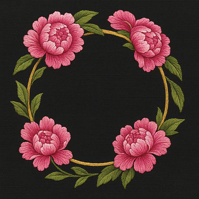 JPG 편집이미지 전통 예술 분홍색 컬러 검은배경 장식 원형 자수 모란 뷰티풀 수예 창의성 편집실사 AI포토 AI콘텐츠 도형 꽃 백그라운드 취미 검은색 CG 파일형식