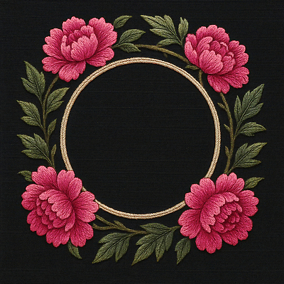 JPG 편집이미지 전통 디자인 꽃 분홍색 잎 검은배경 장식 원형 자수 수공예 모란 수예 편집실사 AI포토 AI콘텐츠 도형 식물 컬러 백그라운드 취미 검은색 공예 CG 파일형식