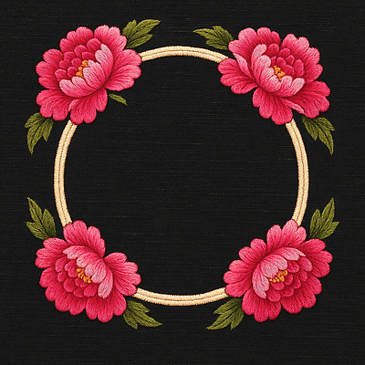 JPG 편집이미지 전통 디자인 꽃 예술 분홍색 백그라운드 장식 검은색 원형 바느질 그림 자수 핸드메이드 편집실사 AI포토 AI콘텐츠 도형 식물 컬러 CG 파일형식