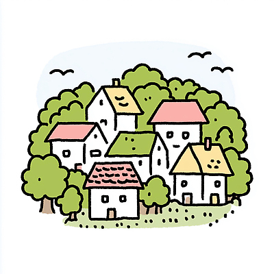 JPG 나무 디자인 여유 컬러 일러스트 자연 하늘 주택 풍경 초원 건물 초록색 평화 마을 환경 숲 조용 주거지 아기자기 국내일러스트 AI일러스트 AI콘텐츠 식물 건축물 감정 컨셉 생태계 파일형식