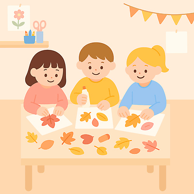 행복 종이 어린이 예술 컬러 단풍 일러스트 자연 놀이 탁자 수업 실내 장식 친구 가을 작업 즐거움 만들기 창의력 국내일러스트 AI파일 계절 교육 감정 가구 잎 관계 모션 사람 내부 생태계 파일형식 벡터
