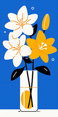 JPG 식물 디자인 꽃 예술 컬러 백그라운드 일러스트 자연 벽지 장식 파란색 노란색 꽃병 흰색 모던 화사함 화합 뷰티풀 창의성 국내일러스트 AI일러스트 AI콘텐츠 컨셉 생태계 파일형식