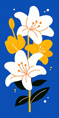 JPG 식물 디자인 꽃잎 꽃 예술 컬러 백그라운드 일러스트 자연 생명 장식 여름 파란색 노란색 흰색 백합 화사함 조화 뷰티풀 생동감 싱그러움 국내일러스트 AI일러스트 AI콘텐츠 계절 컨셉 생태계 파일형식