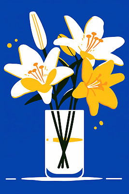 JPG 식물 디자인 꽃 꽃다발 백그라운드 일러스트 자연 선물 생활 장식 파란색 인테리어 노란색 꽃병 흰색 백합 조화 뷰티풀 국내일러스트 AI일러스트 AI콘텐츠 컬러 생태계 파일형식