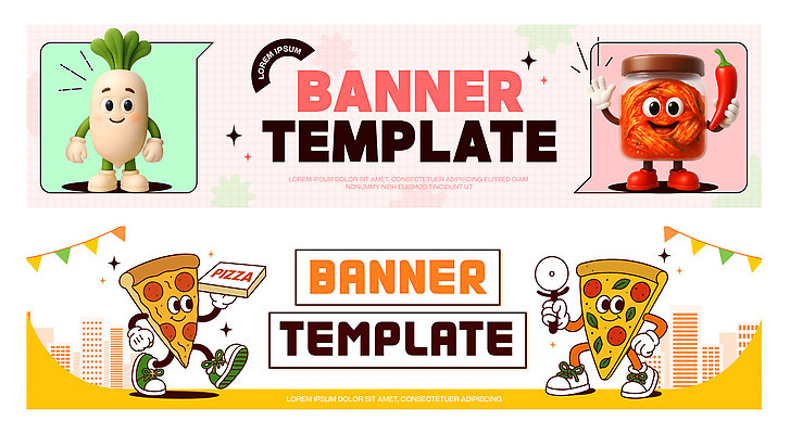 템플릿 캐릭터 디자인 배너 배너템플릿 음식 컬러 채소 피자 그래픽 귀여움 현수막 즐거움 모던 상상력 창의력 배너세트 AI파일 감정 컨셉 패스트푸드 서양음식 세트 파일형식 벡터
