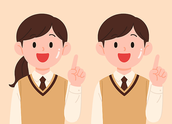 학생 교복 포즈 백그라운드 일러스트 손가락 교실 안내 미소 웃음 두명 친구 학습 기쁨 표현 즐거움 신호 소통 센서 국내일러스트 AI파일 손 옷 교육 감정 컨셉 학교 관계 표정 사람 파일형식 벡터