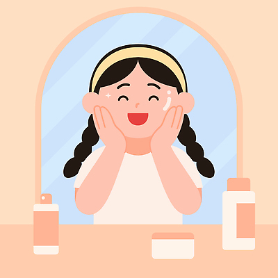 웰빙 여자 행복 일러스트 탁자 웃음 소녀 일상 뷰티 목욕 청결 화장품 거울 피부관리 화장대 스킨케어 홈케어 국내일러스트 AI파일 감정 어린이 가구 표정 관리 사람 라이프 위생 파일형식 벡터