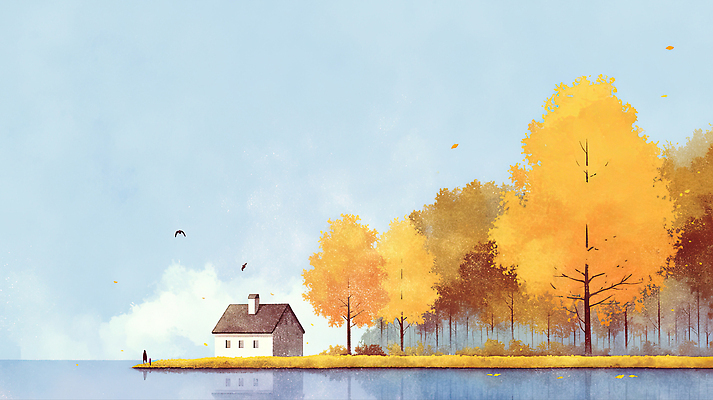 JPG 나무 호수 여유 일러스트 자연 하늘 나뭇잎 주택 사람 풍경 평화 고요 가을 소나무 시세 사색 뷰티풀 국내일러스트 AI일러스트 AI콘텐츠 식물 계절 감정 컨셉 잎 생각 건물 금융 생태계 파일형식