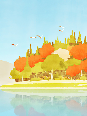 JPG 나무 호수 여행 일러스트 자연 조류 하늘 산 풍경 물 반사 가을 숲 생태계 조화 뷰티풀 색채 디지털아트 국내일러스트 AI일러스트 AI콘텐츠 자연요소 식물 동물 계절 파일형식