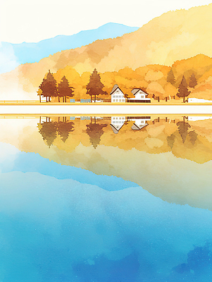 JPG 나무 호수 여유 예술 여행 단풍 일러스트 자연 산 주택 풍경 강 반사 평화 일출 고요 가을 뷰티풀 풍경화 국내일러스트 AI일러스트 AI콘텐츠 식물 계절 감정 컨셉 잎 건물 노을 그림 생태계 파일형식