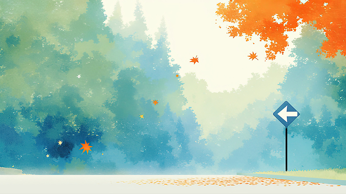 JPG 나무 여유 여행 일러스트 자연 나뭇잎 풍경 걷기 고요 산책로 탐험 가을 신선 화려 숲길 방향표지판 색채 국내일러스트 AI일러스트 AI콘텐츠 식물 계절 감정 길 컨셉 잎 모션 표지판 생태계 파일형식
