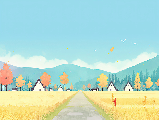 JPG 나무 구름 길 컬러 일러스트 자연 조류 하늘 산 주택 풍경 평화 마을 가을 농촌 소음 풍요 알록달록 국내일러스트 AI일러스트 AI콘텐츠 자연요소 식물 동물 계절 컨셉 건물 컬러풀 소리 시골 생태계 파일형식