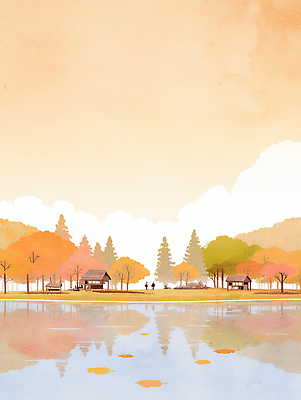 JPG 나무 호수 여유 컬러 단풍 잎 일러스트 자연 하늘 산 풍경 여러명 반사 고요 일몰 산책 금색 가을 뷰티풀 국내일러스트 AI일러스트 AI콘텐츠 식물 계절 감정 다수 휴식 사람 노을 생태계 파일형식