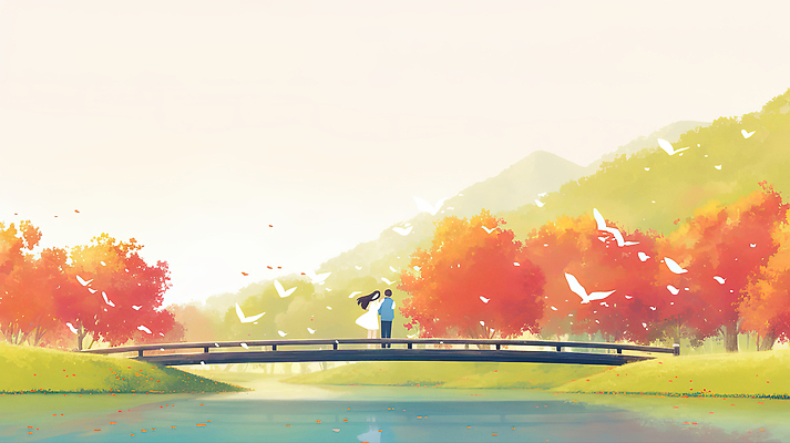 JPG 나무 커플 행복 감정 컬러 일러스트 자연 조류 하늘 산 사랑 풍경 물 여름 평화 일몰 만남 가을 조화 뷰티풀 가교 국내일러스트 AI일러스트 AI콘텐츠 자연요소 식물 동물 건축물 계절 컨셉 관계 노을 생태계 파일형식