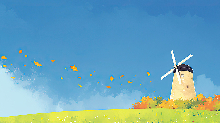 JPG 나무 계절 컬러 일러스트 자연 하늘 아침 바람 날씨 나뭇잎 풍경 초원 햇빛 평화 고요 풍차 가을 농촌 풍경화 국내일러스트 AI일러스트 AI콘텐츠 주간 자연요소 식물 컨셉 잎 태양 시골 그림 생태계 파일형식