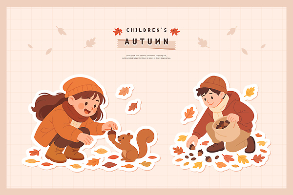 동물 행복 어린이 컬러 단풍 일러스트 가족 모션 자연 놀이 웃음 야외 일상 친구 탐험 가을 추억 즐거움 다람쥐 도토리 놀기 국내일러스트 AI파일 계절 감정 컨셉 잎 관계 표정 사람 라이프 견과류 설치류 생태계 파일형식 벡터