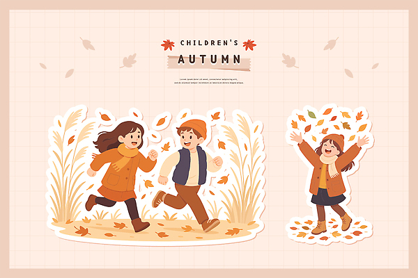 사계절 패션 행복 어린이 낙엽 일러스트 가족 모션 자연 놀이 웃음 풍경 일상 캐주얼 친구 가을 즐거움 외출 국내일러스트 AI파일 옷 계절 감정 잎 관계 표정 사람 라이프 생태계 파일형식 벡터