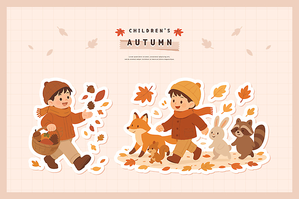 동물 행복 컬러 단풍 일러스트 모션 자연 놀이 나뭇잎 풍경 친구 바구니 산책 가을 아기 토끼 즐거움 그림 여우 너구리 국내일러스트 AI파일 계절 감정 잎 포유류 관계 휴식 사람 반려동물 생태계 파일형식 벡터