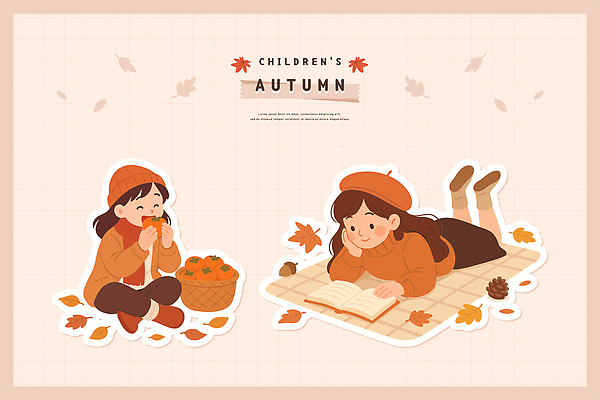 사계절 행복 어린이 단풍 일러스트 모션 자연 놀이 디저트 소녀 일상 책 친구 독서 바구니 식사 매트 가을 편안함 즐거움 자연관찰 국내일러스트 AI파일 계절 여자 감정 음식 잎 관계 사람 라이프 관찰 감각 생태계 파일형식 벡터