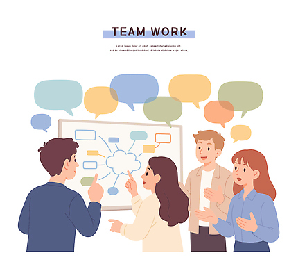 일러스트 회의 협력 아이디어 직장 대화 칠판 표현 전문직 토론 동료 화이트보드 의견 소통 오후 창의성 브레인스토밍 국내일러스트 AI파일 직업 컨셉 회사 비즈니스 관계 말하기 파일형식 벡터