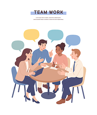 일러스트 비즈니스 회의 협력 아이디어 직장 대화 사람 여러명 비즈니스라이프 학습 그룹 토론 의견 소통 원형탁자 참여 브레인스토밍 국내일러스트 AI파일 라이프스타일 교육 다수 컨셉 회사 탁자 말하기 파일형식 벡터