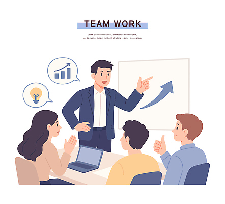 일러스트 비즈니스 성공 협력 아이디어 대화 사무실 자료 듣기 발전 목표 프레젠테이션 분석 전략 소통 참여 창의력 국내일러스트 AI파일 컨셉 모션 말하기 파일형식 벡터