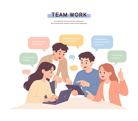 일러스트 모션 협력 아이디어 기술 실험 노트북 태블릿 사무실 작업 그룹 전문직 토론 동료 소통 개발 창의성 프로젝트 셰어링 국내일러스트 AI파일 직업 컨셉 비즈니스 관계 전자제품 스마트기기 파일형식 벡터 공유경제