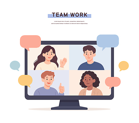 일러스트 모션 회의 협력 대화 여러명 컴퓨터 디지털 스크린 그룹 토론 온라인 의견 소통 친목 의사소통 참여 화기애애 화상 언택트 국내일러스트 AI파일 다수 컨셉 비즈니스 말하기 사람 전자제품 상처 파일형식 벡터