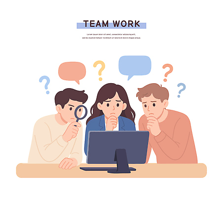 생각 일러스트 협력 아이디어 직장 실험 컴퓨터 업무 그룹 토론 질문 집중 분석 동료 검색 고민 소통 문제해결 의사소통 국내일러스트 AI파일 감정 컨셉 회사 관계 전자제품 작업 파일형식 벡터