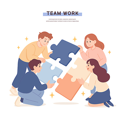 컬러 조각 일러스트 모션 놀이 협력 아이디어 여러명 도전 시간 퍼즐 그룹 즐거움 소통 문제해결 창의성 미션 국내일러스트 AI파일 감정 다수 컨셉 사람 파일형식 벡터