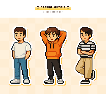 캐릭터 디자인 옷 남자 컬러 포즈 일러스트 풍경 그래픽 캐주얼 게임 모던 창의성 디지털아트 픽셀 스타일 국내일러스트 AI파일 놀이 사람 파일형식 벡터