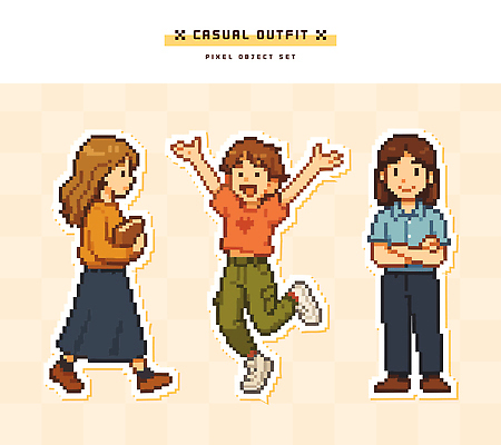 긴머리 어린이 컬러 일러스트 짧은머리 웃음 책 캐주얼 팔짱 점프 기쁨 축사 디지털아트 픽셀 스타일 국내일러스트 AI파일 헤어스타일 건축물 옷 감정 모션 표정 사람 축산업 파일형식 벡터