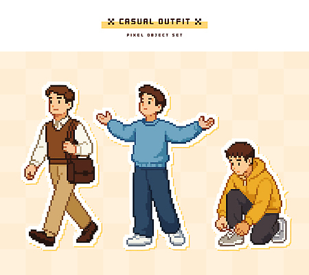 캐릭터 옷 남자 포즈 신발 일러스트 모션 일상 그래픽 캐주얼 걷기 청바지 표현 편안함 스웨터 그림 후드티셔츠 픽셀 스타일 국내일러스트 AI파일 상의 티셔츠 바지 사람 라이프 감각 파일형식 벡터
