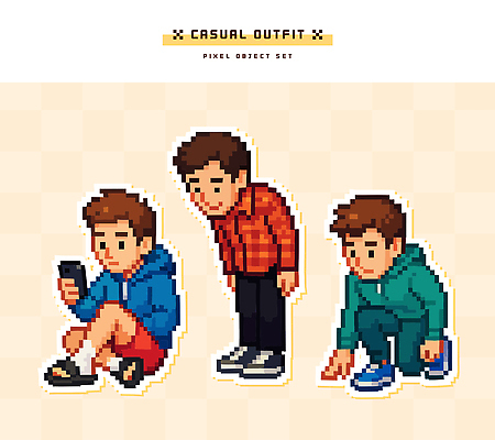 캐릭터 디자인 옷 컬러 포즈 일러스트 앉기 소년 그래픽 캐주얼 스마트폰 게임 표현 그림 무릎 착용 픽셀 스타일 국내일러스트 AI파일 남자 어린이 모션 놀이 신체부위 핸드폰 스마트기기 파일형식 벡터