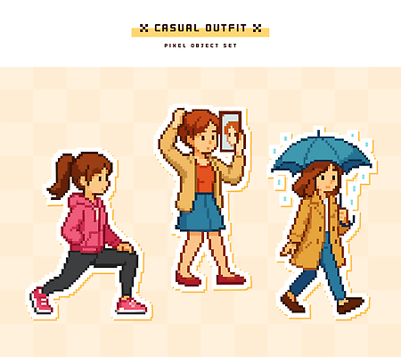 옷 패션 컬러 패턴 일러스트 우산 모션 소녀 일상 그래픽 캐주얼 운동 걷기 표현 그림 리듬 픽셀 스타일 국내일러스트 AI파일 여자 어린이 무늬 건강 라이프 파일형식 벡터