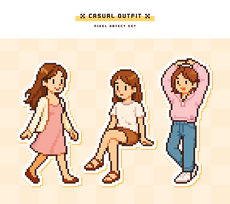 캐릭터 디자인 옷 여자 패션 포즈 일러스트 모션 놀이 그래픽 캐주얼 친구 코디 소프트웨어 픽셀 스타일 미니멀 국내일러스트 AI파일 관계 사람 파일형식 벡터