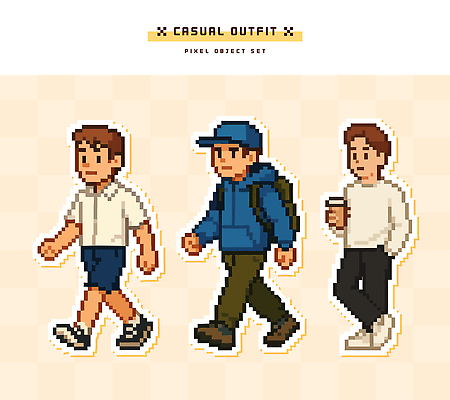 모자 디자인 남자 운동화 일러스트 반바지 일상 친구 걷기 도시 커피잔 백팩 긴바지 픽셀 스타일 국내일러스트 AI파일 잡화 커피 신발 가방 바지 관계 모션 잔 사람 라이프 파일형식 벡터