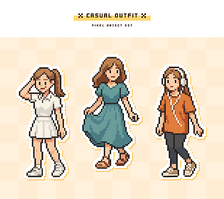 디자인 드레스 옷 패션 티셔츠 일러스트 청소년 사람 소녀 그래픽 캐주얼 파란색 유행 주황색 흰색 아티스트 창작 픽셀 스타일 국내일러스트 AI파일 직업 여자 어린이 컬러 셔츠 파일형식 벡터