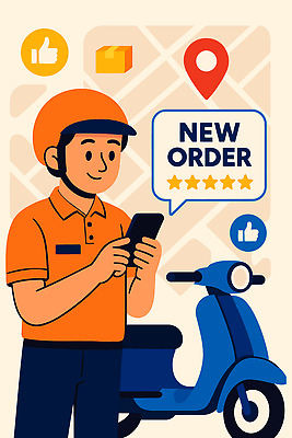 음식 일러스트 자동차 기술 일상 스마트폰 주황색 작업 배달원 헬멧 고객 배송 확인 서비스 주문 소통 모바일앱 국내일러스트 AI파일 직업 육상교통 컬러 컨셉 라이프 핸드폰 스마트기기 보호장비 파일형식 벡터