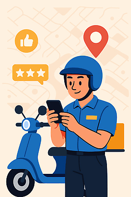 직업 도로 지도 일러스트 기술 스마트폰 배달원 헬멧 배송 서비스 온라인 소통 위치정보 피드백 음식배달 국내일러스트 AI파일 길 컨셉 교통시설 핸드폰 스마트기기 정보 보호장비 파일형식 벡터